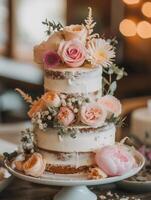 ai generato nozze torta con fiore decorazione foto