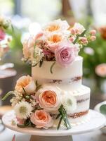 ai generato nozze torta con fiore decorazione foto