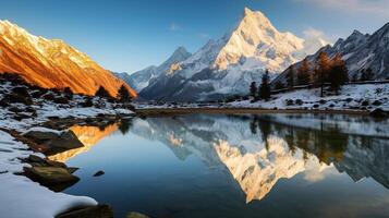 ai generato maestoso alpino riflessione nel tranquillo acque foto