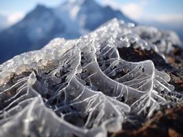 ai generato fragile eleganza di ghiaccio modelli contro montagna fondale foto