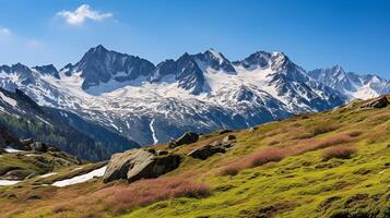 ai generato maestoso alpino paesaggio con fioritura fiori selvatici foto