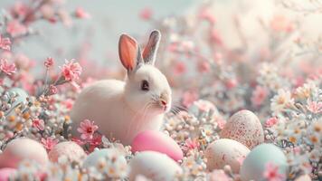 ai generato bianca Pasqua coniglietto tra pastello uova e fiori foto