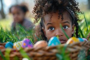 ai generato curioso bambino sbirciando attraverso Pasqua uovo cestino foto