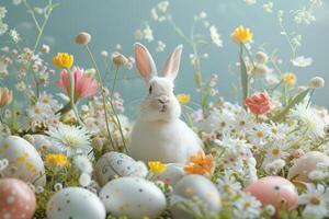 ai generato incontaminato bianca coniglietto con Pasqua uova nel floreale prato foto
