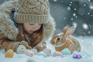 ai generato bambino coinvolgente con un' coniglietto in mezzo neve e Pasqua uova foto