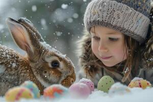 ai generato curioso bambino osservando un' nevoso coniglio con Pasqua uova foto