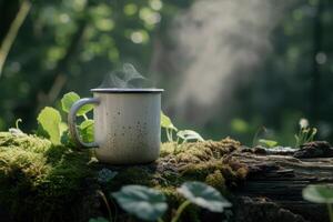 ai generato caffè tazza su vecchio legna nel il foresta con natura sfondo foto