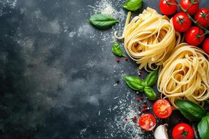 ai generato pasta e ingredienti per cucinando su pietra tavolo. superiore Visualizza con copia spazio foto