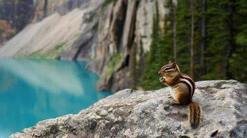 ai generato scoiattolo seduta su un' roccia nel davanti di un' montagna lago foto