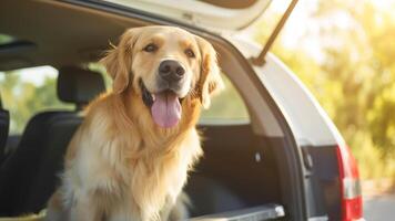 ai generato d'oro cane da riporto cane nel macchina, avvicinamento. in viaggio con animale domestico foto