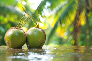 ai generato biologico fresco tropicale giovane verde Noce di cocco professionale pubblicità cibo fotografia foto