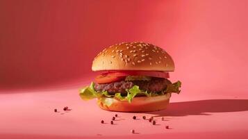 ai generato un' hamburger su mono colore studio con rosso sfondo, Prodotto tiro vibrazioni, il hamburger polpetta guardare delizioso. generato di artificiale intelligenza. foto