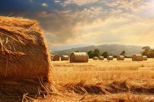 ai generato sereno fieno campo con bellissimo cielo foto