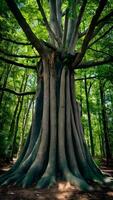 ai generato di spessore tronco di alto albero nel città parco, urbano natura foto verticale mobile sfondo