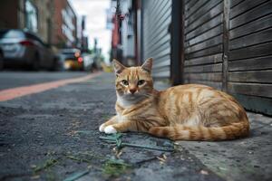 ai generato arancia gatto salotti comodamente su il urbano strade foto