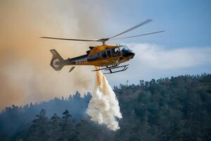 ai generato pubblicare elicottero battaglie foresta fuoco con drammatico acqua far cadere foto