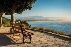 ai generato Immagine parco panchina offerte rilassamento su mediterraneo costa foto