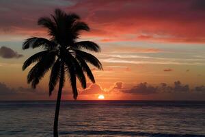 ai generato tropicale mare tramonto calchi silhouette contro vivace cielo fondale foto