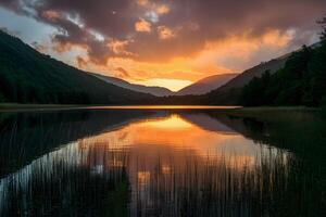 ai generato tramonti d'oro tonalità getto magico splendore al di sopra di tranquillo lago scena foto