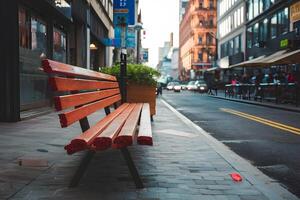 ai generato di legno panchina fornisce posti a sedere lungo vivace città strada foto