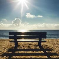 ai generato panchina bagnata nel luce del sole offerte un' sereno individuare su il spiaggia per sociale media inviare dimensione foto