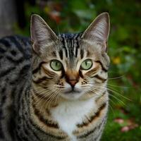 ai generato enigmatico gatto affascina con penetrante verde occhi nel all'aperto ambientazione per sociale media inviare dimensione foto