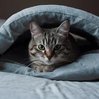 ai generato gatto trova rifugio e comfort annidato su un' accogliente letto per sociale media inviare dimensione foto