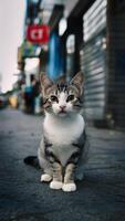 ai generato sfocato sfondo punti salienti piccolo tailandese gatto nel affascinante urbano ambientazione verticale mobile sfondo foto