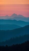 ai generato montagne staglia contro tramonto creare mozzafiato panoramico Visualizza verticale mobile sfondo foto