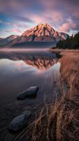 ai generato nord riva di mono lago bagnata nel etereo Alba splendore verticale mobile sfondo foto