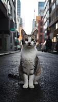 ai generato bellissimo gatto scioperi posa su urbano strada, trasudante eleganza e grazia verticale mobile sfondo foto