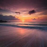 ai generato sereno spiaggia scena bagnata nel il caldo tonalità di tramonto per sociale media inviare dimensione foto