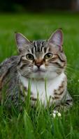 ai generato adorabile gatto gode un' senza fretta momento su il lussureggiante erba verticale mobile sfondo foto