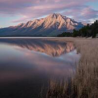 ai generato nord riva di mono lago bagnata nel etereo Alba splendore per sociale media inviare dimensione foto