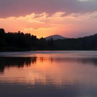 ai generato radiante tramonto calchi tonalità di oro e rosa al di sopra di tranquillo lago per sociale media inviare dimensione foto