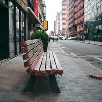 ai generato di legno panchina fornisce posti a sedere lungo vivace città strada per sociale media inviare dimensione foto