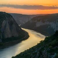 ai generato tramonto vernici Danubio gola nel djerdap, Serbia, con d'oro leggero per sociale media inviare dimensione foto