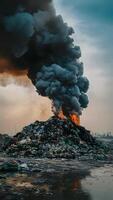 ai generato nero Fumo sorge a partire dal ardente spazzatura mucchio, ambientale disastro verticale mobile sfondo foto