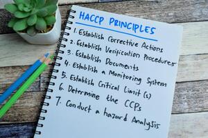 concetto di haccp i principi Scrivi su libro e supportato di un addizionale Servizi isolato su di legno tavolo. foto