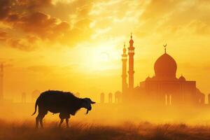 ai generato silhouette di un' agnello o capra con un' maestoso moschea fondale durante un' mozzafiato tramonto. foto