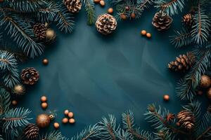 ai generato Natale telaio con copia spazio, blu sfondo con vario pino e abete coni sparpagliato su il superficie foto