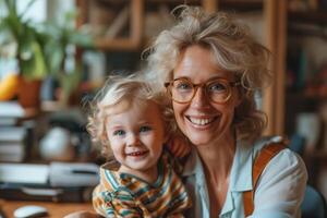 ai generato anziano donna, un' nonna, Tenere piccolo bambino nel sua braccia. donna di facciale espressione trasporta cura e amore. bambino sembra contento nel abbraccio. messa a fuoco su intimo momento fra nonna foto