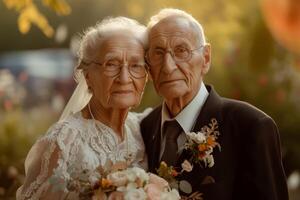 ai generato nozze, anziano sposa e sposo, anziano sposato marito e moglie. un vecchio coppia pose a loro nozze voto rinnovo cerimonia foto