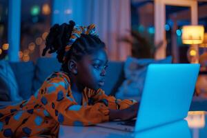 ai generato poco ragazza seduta su il divano e utilizzando un' computer portatile, africano americano bambino utilizzando un' dispositivo a casa a notte. bambini e tecnologia foto