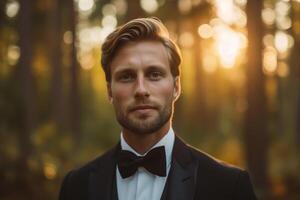 ai generato un' uomo nel un' elegante smoking è in piedi tra alto alberi nel un' foresta. lui trasuda eleganza e fiducia come lui pose circondato di nature bellezza foto