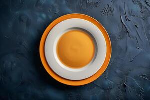 ai generato un' semplice arancia e bianca piatto e tazza sedersi su un' buio strutturato tavolo foto