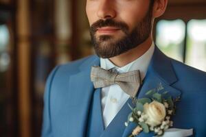 ai generato un' ben vestito sposo sta con fiducia nel un' blu completo da uomo, in mostra il suo elegante abbigliamento con un' fiore nel il suo risvolto. il fiore Aggiunge un' toccare di eleganza e fascino per il suo nozze giorno insieme foto