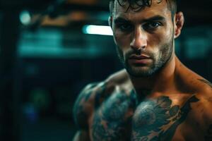 ai generato un' maschio mma combattente con tatuaggi su il suo il petto scioperi un' posa mostrando via il suo muscolare costituzione fisica a il Palestra foto