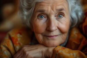 ai generato ritratto di un anziano donna sorridente, radiante felicità e soddisfazione. sua Esposto alle intemperie viso Spettacoli anni di saggezza e Esperienza foto