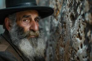 ai generato un vecchio ebreo a il parete. uomo con un' lungo barba indossare un' nero cappello foto